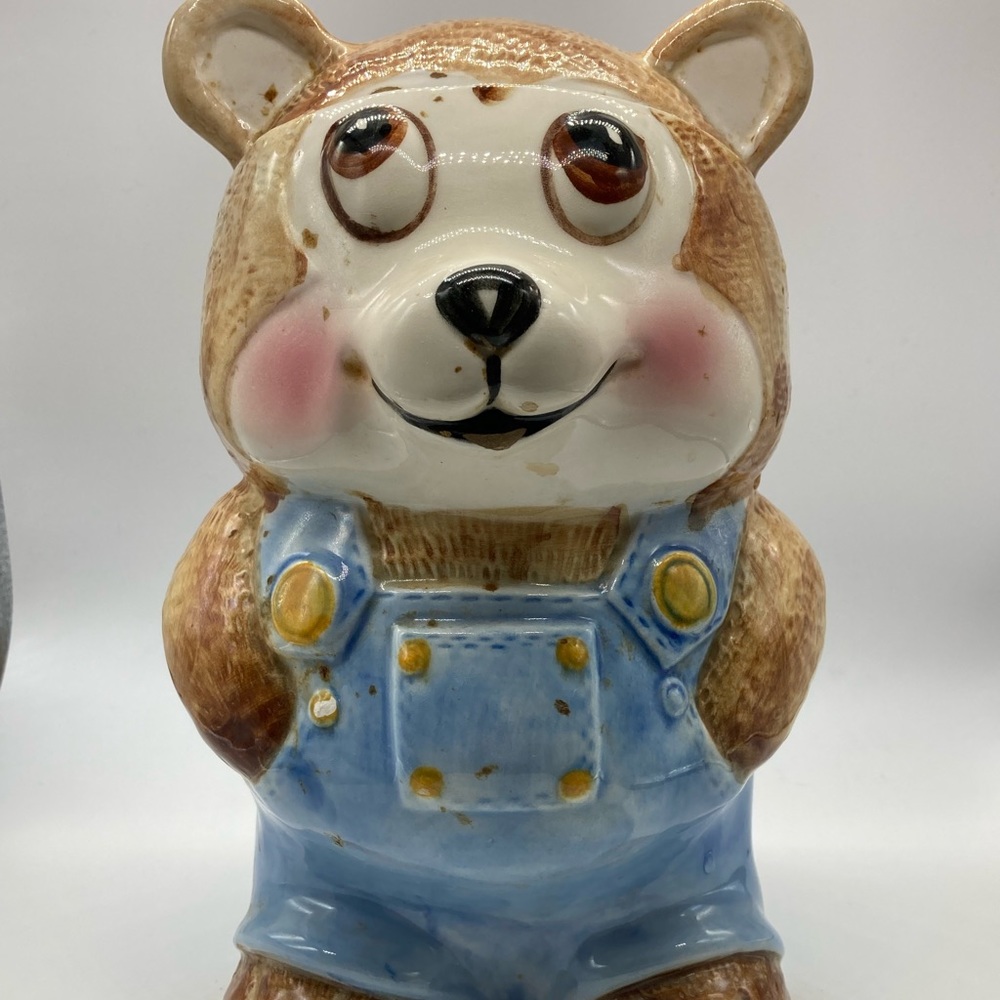 Vintage Weiss Made In Brazil Ceramic Teddy Bear In Overalls Cookie Jar